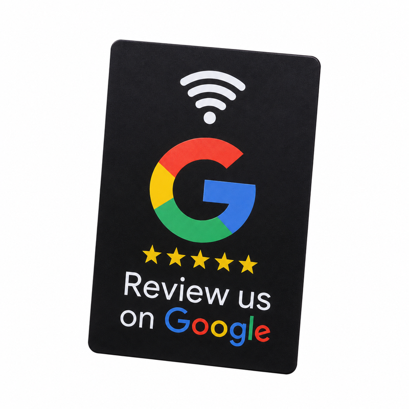 Cleaned product illustration of one flat black Google review NFC card