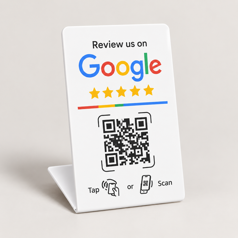 Illustrative Google review counter stand